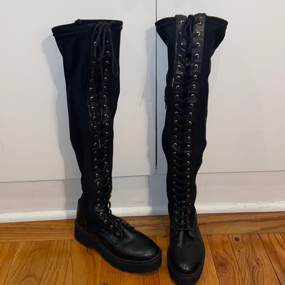 Black lace up over the knee boots